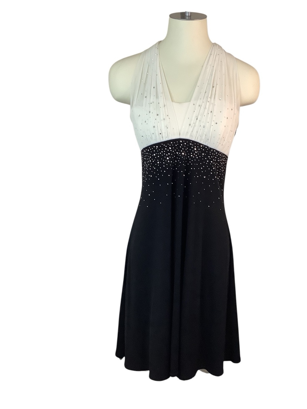 Jodi Kristopher Black and White Halter Dress with Crystal Accents Size L